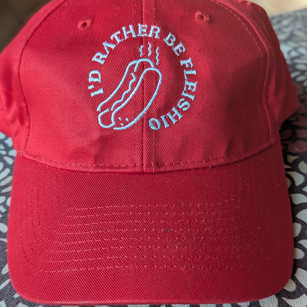 "I'd Rather Be Fleishig" Red Cap with Hot Dog Embroidery. Jewish Kosher Pun Hat.